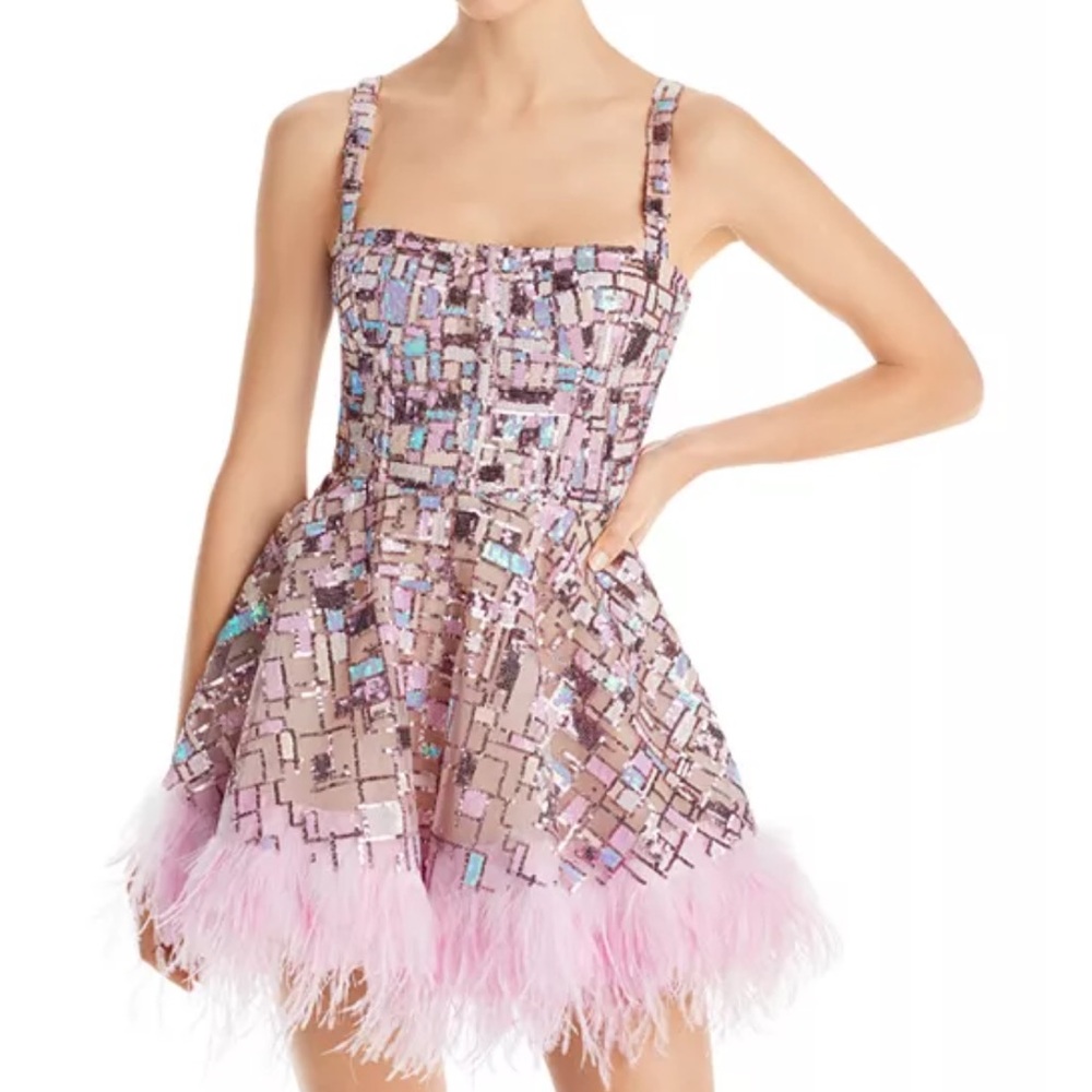 Bronx and Branco Mademoiselle Sequined Feather Trim Mini Dress
